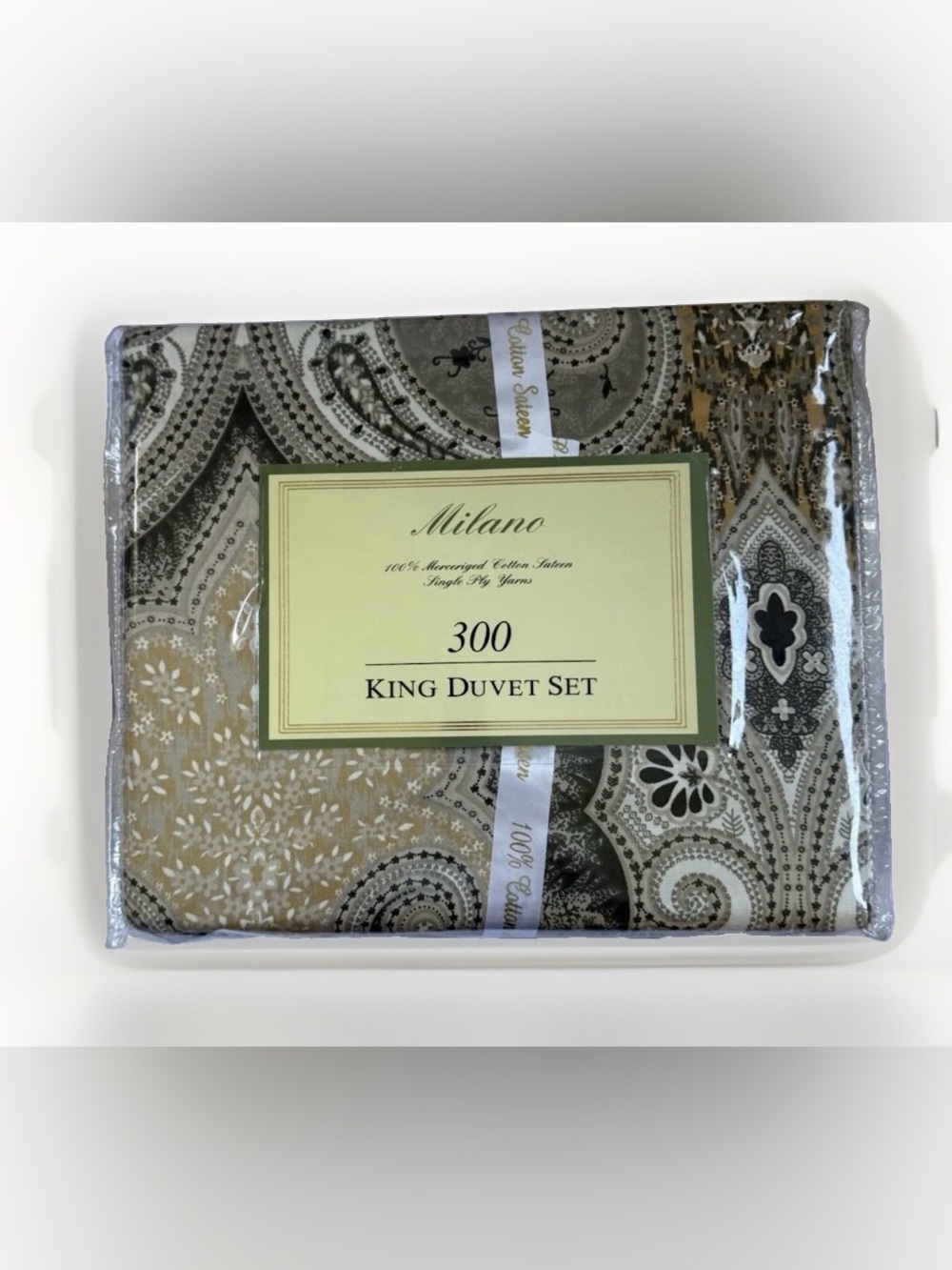 Milano King Duvet Set 3 PC 300 TC 100% Cotton Sateen Paisley Gray Gold New